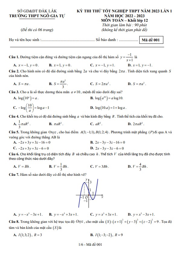Đề thi thử Toán TN THPT 2023 lần 1 trường THPT Ngô Gia Tự Đắk Lắk