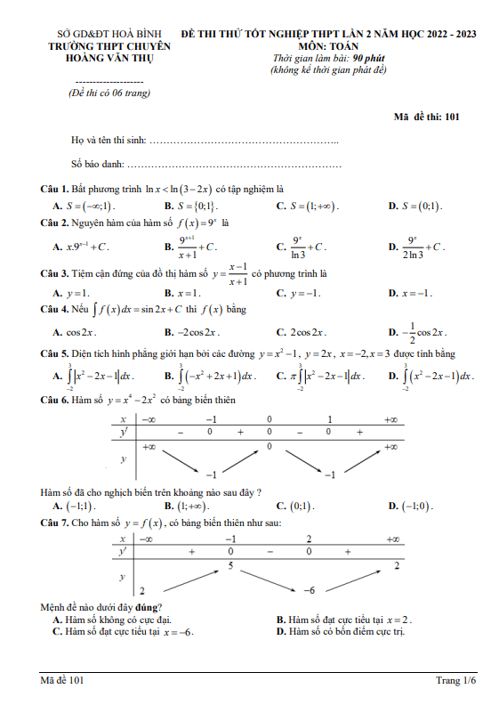 Đề thi thử Toán TN THPT 2023 lần 2 trường chuyên Hoàng Văn Thụ Hòa Bình