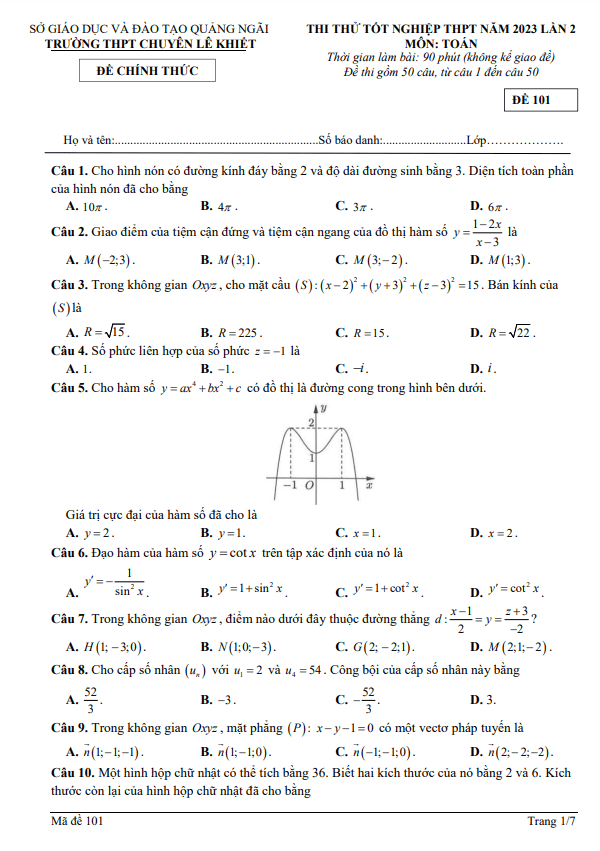 Đề thi thử Toán TN THPT 2023 lần 2 trường chuyên Lê Khiết Quảng Ngãi