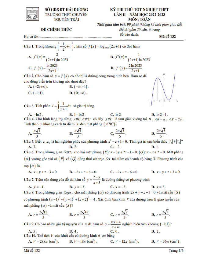 Đề thi thử Toán TN THPT 2023 lần 2 trường chuyên Nguyễn Trãi Hải Dương