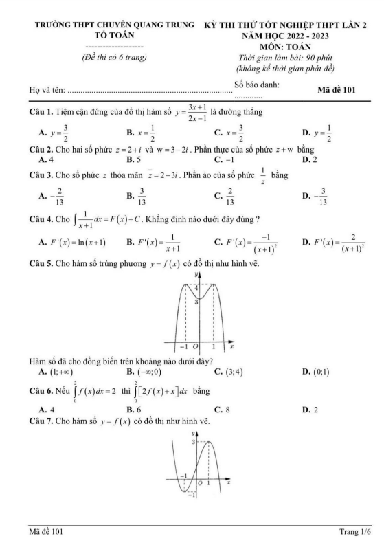 Đề thi thử Toán TN THPT 2023 lần 2 trường chuyên Quang Trung Bình Phước