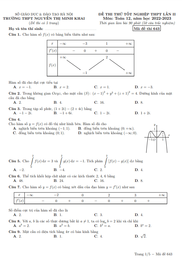 Đề thi thử Toán TN THPT 2023 lần 2 trường Nguyễn Thị Minh Khai Hà Nội