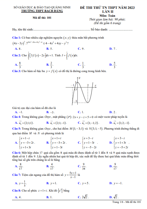 Đề thi thử Toán TN THPT 2023 lần 2 trường THPT Bạch Đằng Quảng Ninh