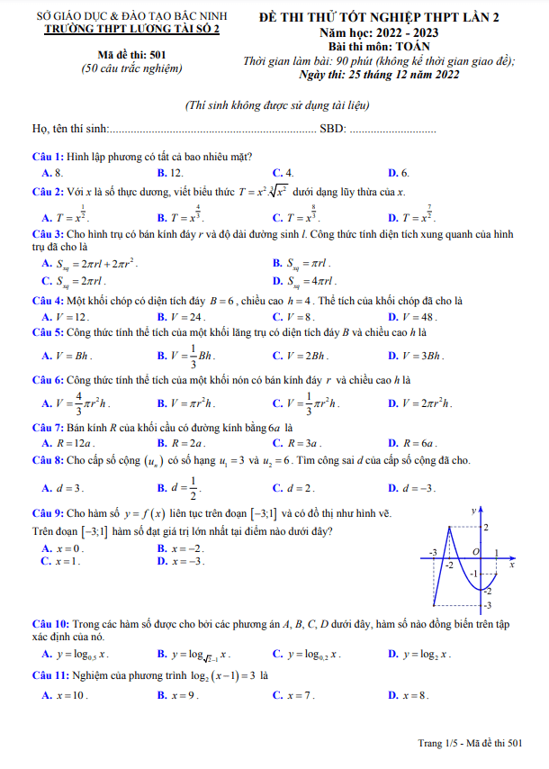 Đề thi thử Toán TN THPT 2023 lần 2 trường THPT Lương Tài 2 Bắc Ninh