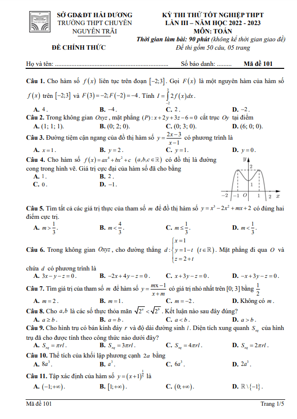 Đề thi thử Toán TN THPT 2023 lần 3 trường chuyên Nguyễn Trãi Hải Dương