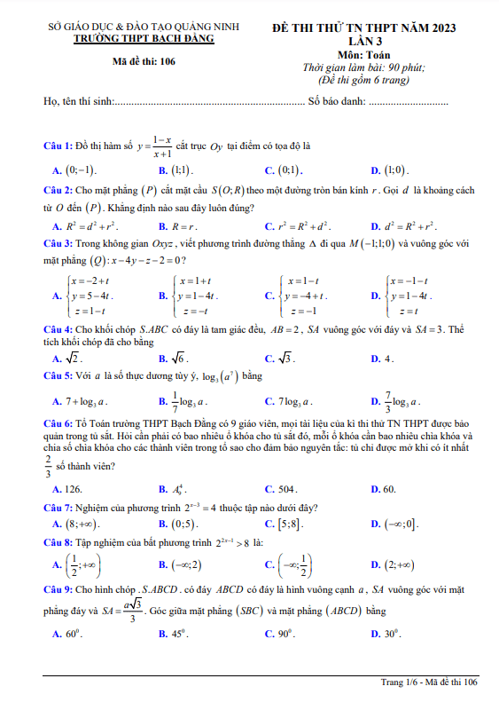 Đề thi thử Toán TN THPT 2023 lần 3 trường THPT Bạch Đằng Quảng Ninh