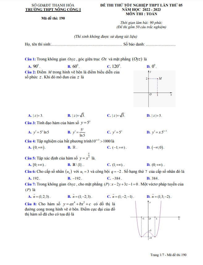 Đề thi thử Toán TN THPT 2023 lần 5 trường THPT Nông Cống 1 Thanh Hóa
