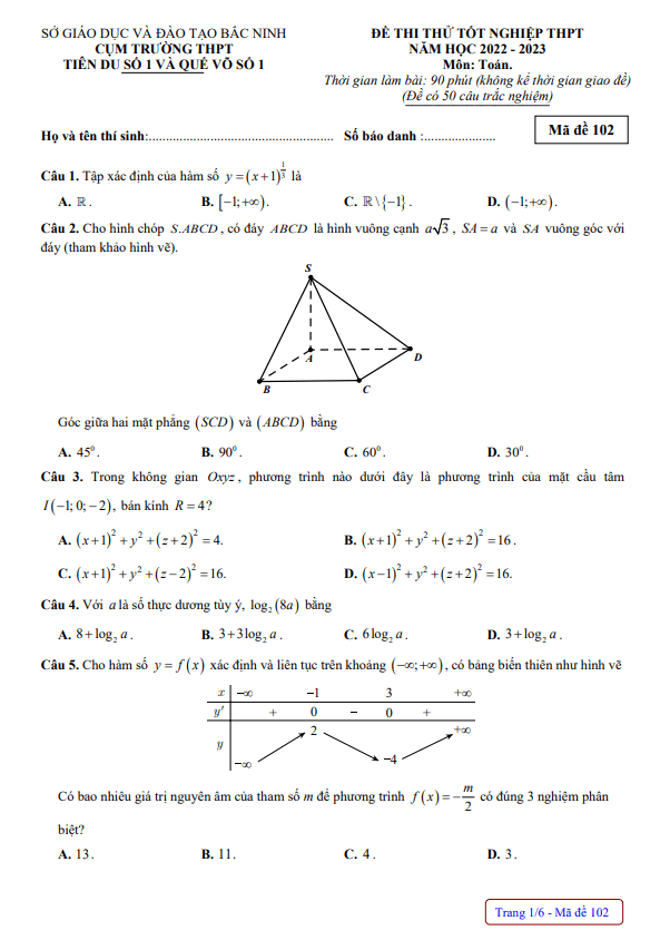 Đề thi thử Toán TN THPT 2023 trường THPT Tiên Du 1 & Quế Võ 1 Bắc Ninh