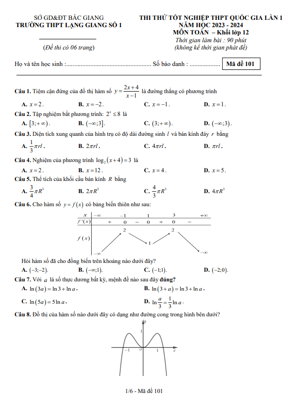 Đề thi thử Toán TN THPT 2024 lần 1 trường THPT Lạng Giang 1 Bắc Giang