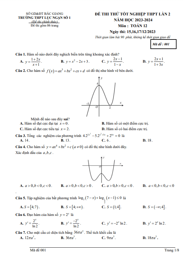Đề thi thử Toán TN THPT 2024 lần 2 trường THPT Lục Ngạn 1 Bắc Giang