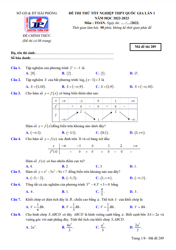 Đề thi thử Toán tốt nghiệp THPT 2023 lần 1 trường chuyên Trần Phú Hải Phòng