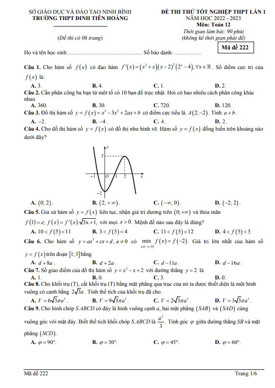 Đề thi thử Toán tốt nghiệp THPT 2023 lần 1 trường Đinh Tiên Hoàng Ninh Bình