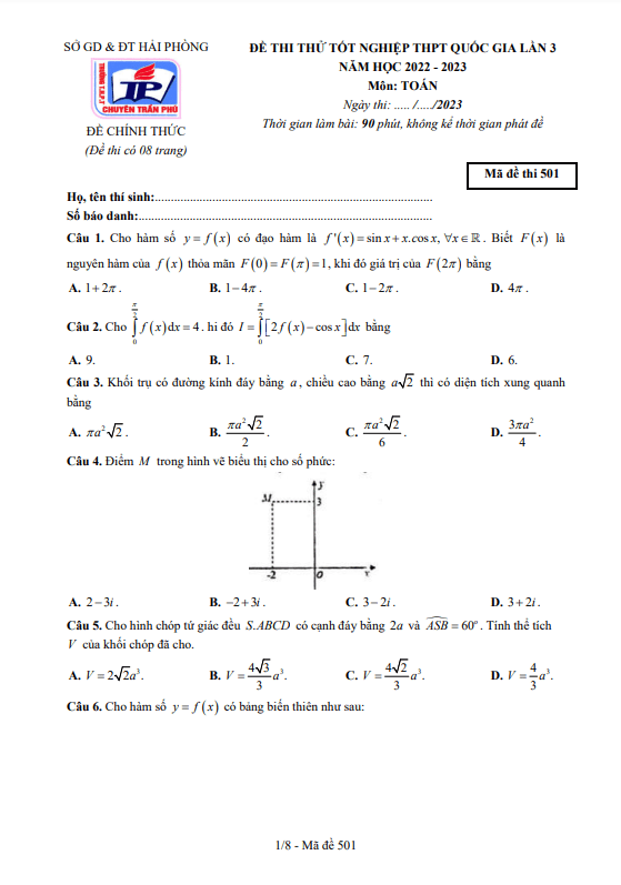 Đề thi thử Toán tốt nghiệp THPT 2023 lần 3 trường chuyên Trần Phú Hải Phòng