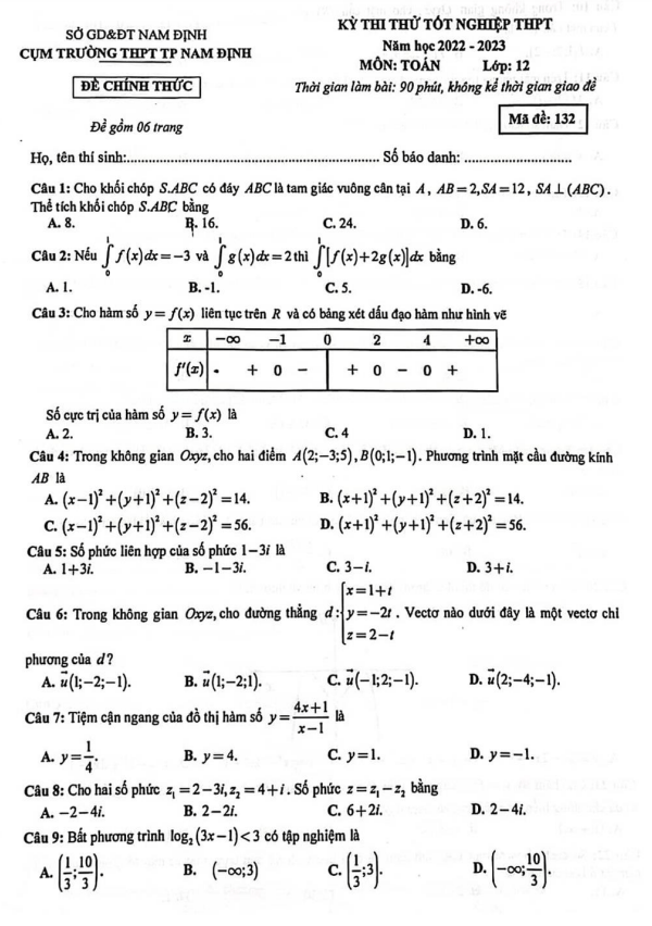 Đề thi thử tốt nghiệp THPT 2023 môn Toán cụm trường THPT TP Nam Định
