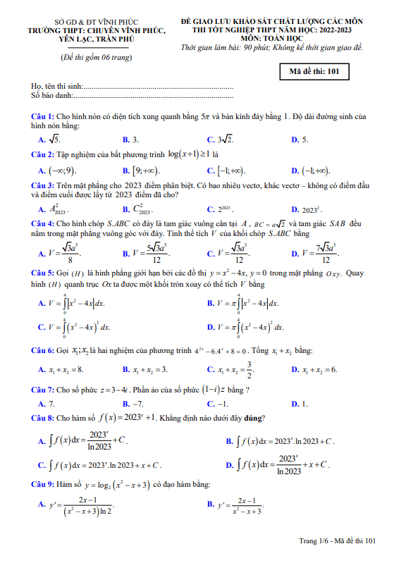Đề thi thử tốt nghiệp THPT 2023 môn Toán cụm trường THPT Vĩnh Phúc