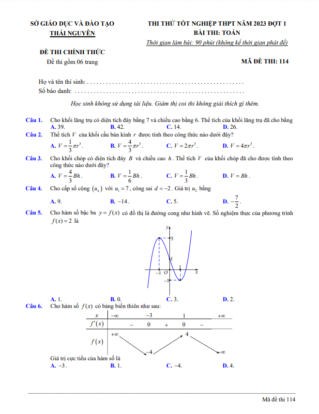Đề thi thử tốt nghiệp THPT 2023 môn Toán đợt 1 sở GD&ĐT Thái Nguyên
