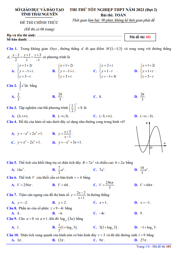 Đề thi thử tốt nghiệp THPT 2023 môn Toán đợt 2 sở GD&ĐT Thái Nguyên