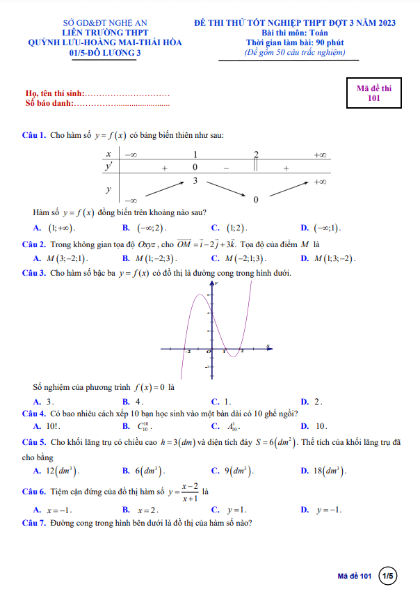 Đề thi thử tốt nghiệp THPT 2023 môn Toán đợt 3 liên trường THPT Nghệ An