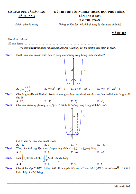 Đề thi thử tốt nghiệp THPT 2023 môn Toán lần 1 sở GD&ĐT Bắc Giang