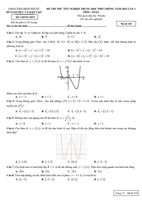 Đề thi thử tốt nghiệp THPT 2023 môn Toán lần 1 sở GD&ĐT Bình Phước