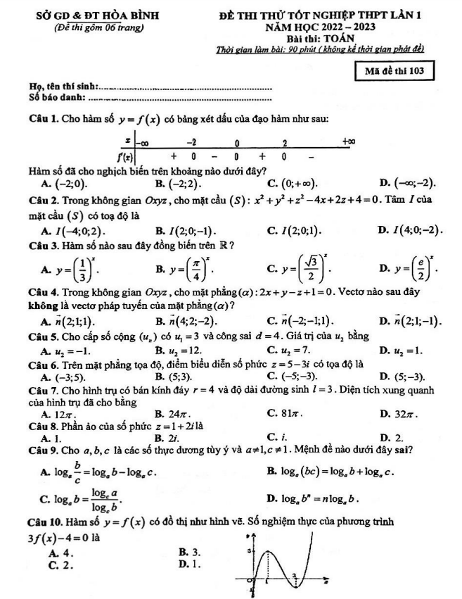 Đề thi thử tốt nghiệp THPT 2023 môn Toán lần 1 sở GD&ĐT Hòa Bình