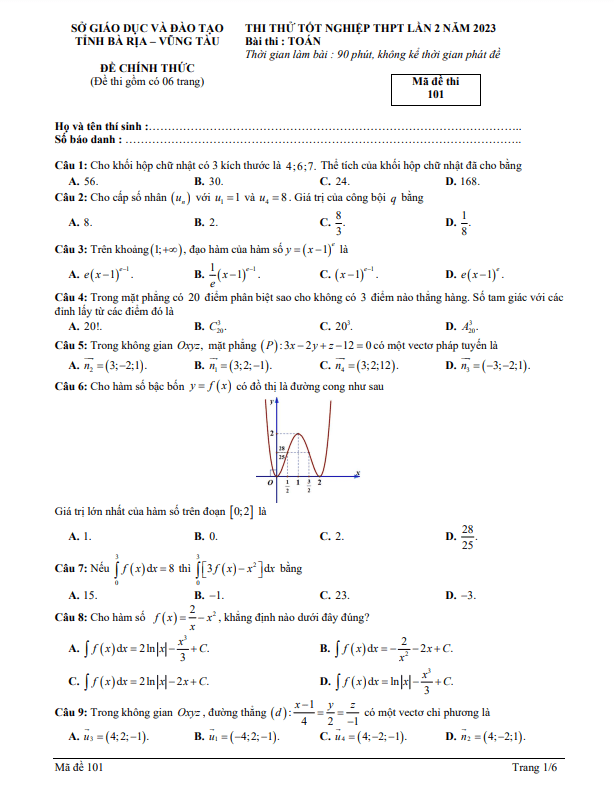 Đề thi thử tốt nghiệp THPT 2023 môn Toán lần 2 sở GD&ĐT Bà Rịa Vũng Tàu