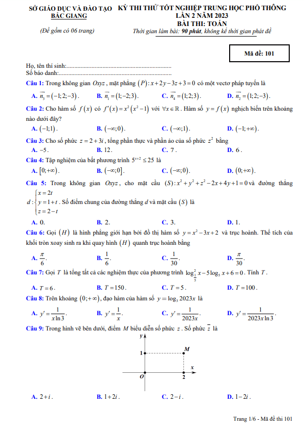 Đề thi thử tốt nghiệp THPT 2023 môn Toán lần 2 sở GD&ĐT Bắc Giang
