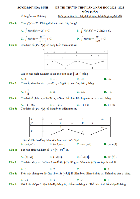Đề thi thử tốt nghiệp THPT 2023 môn Toán lần 2 sở GD&ĐT Hòa Bình