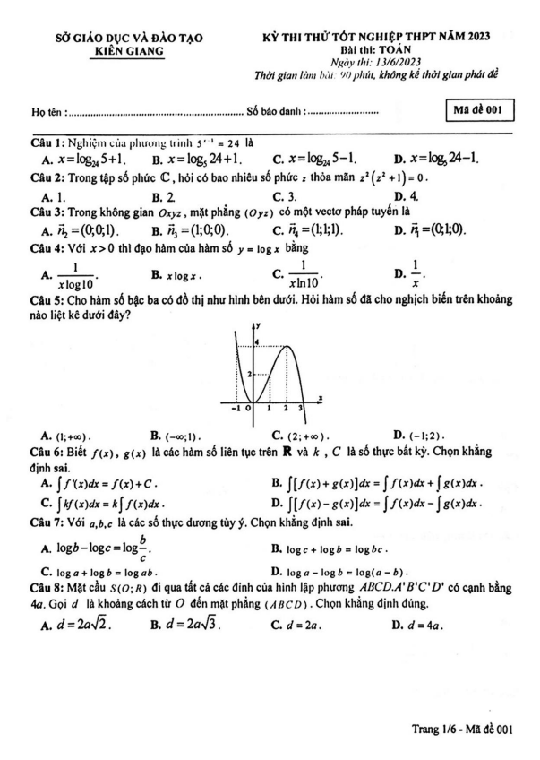 Đề thi thử tốt nghiệp THPT 2023 môn Toán lần 2 sở GD&ĐT Kiên Giang
