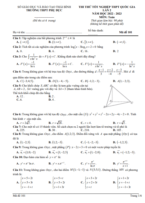 Đề thi thử tốt nghiệp THPT 2023 môn Toán lần 2 trường THPT Phụ Dực Thái Bình