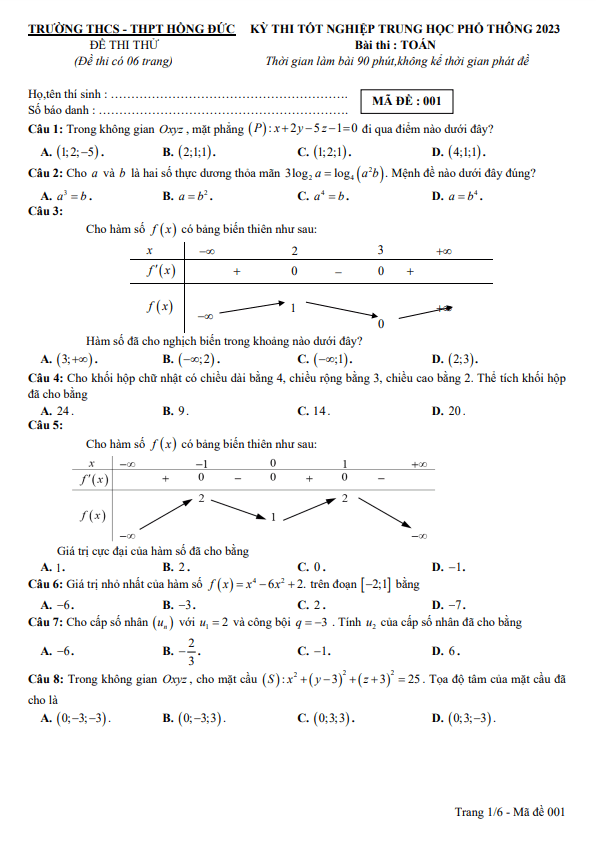 Đề thi thử tốt nghiệp THPT 2023 môn Toán trường THCS THPT Hồng Đức TP HCM