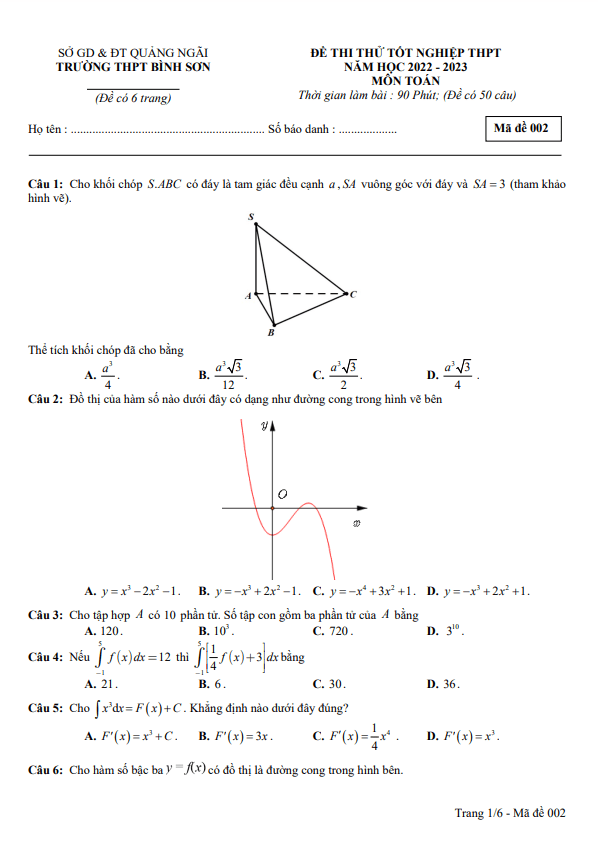Đề thi thử tốt nghiệp THPT 2023 môn Toán trường THPT Bình Sơn Quảng Ngãi