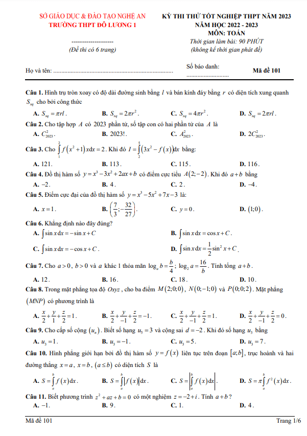 Đề thi thử tốt nghiệp THPT 2023 môn Toán trường THPT Đô Lương 1 Nghệ An