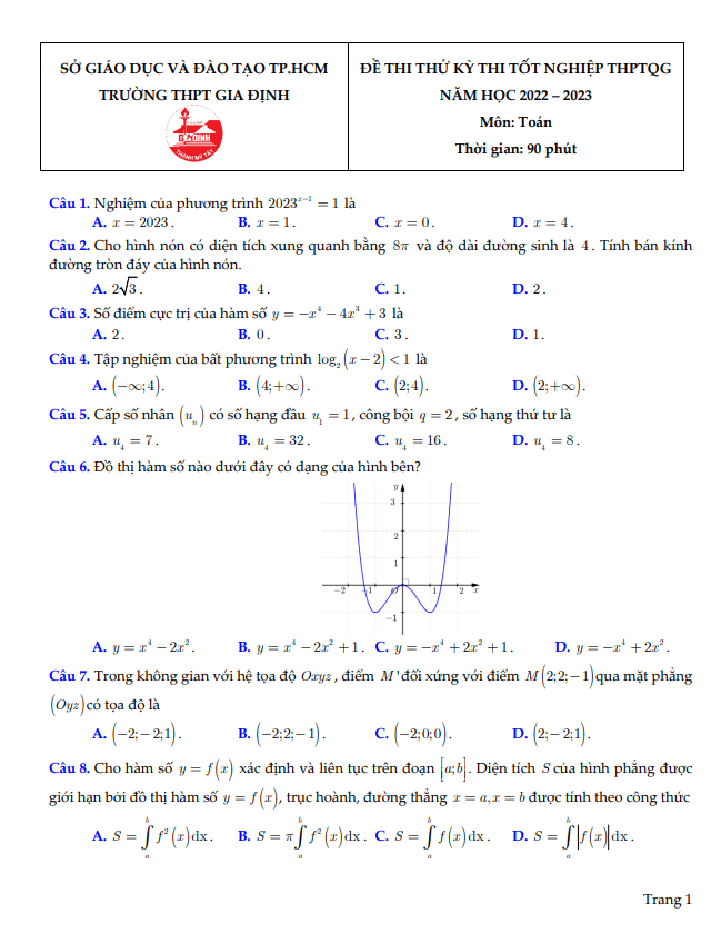 Đề thi thử tốt nghiệp THPT 2023 môn Toán trường THPT Gia Định TP HCM