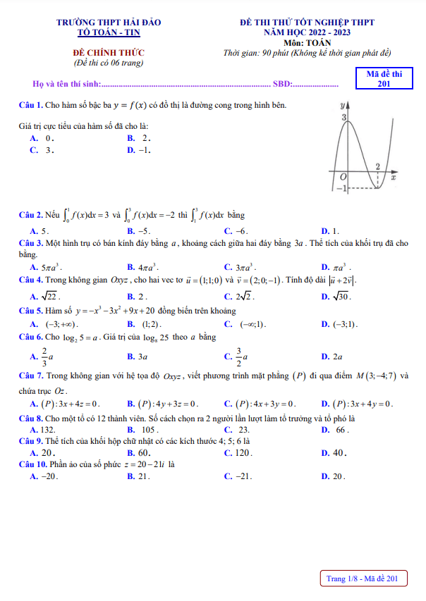 Đề thi thử tốt nghiệp THPT 2023 môn Toán trường THPT Hải Đảo Quảng Ninh