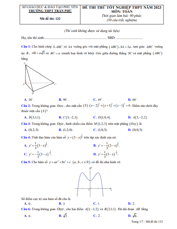 Đề thi thử tốt nghiệp THPT 2023 môn Toán trường THPT Trần Phú Phú Yên