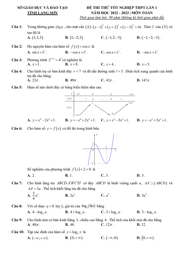 Đề thi thử tốt nghiệp THPT năm 2023 môn Toán lần 1 sở GD&ĐT Lạng Sơn