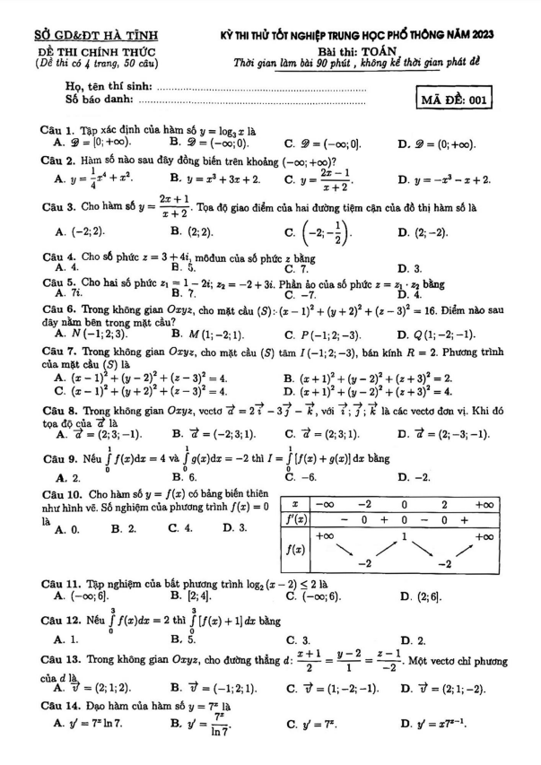 Đề thi thử tốt nghiệp THPT năm 2023 môn Toán sở GD&ĐT Hà Tĩnh