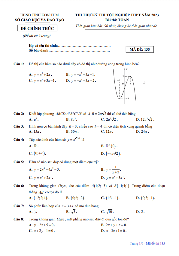 Đề thi thử tốt nghiệp THPT năm 2023 môn Toán sở GD&ĐT Kon Tum