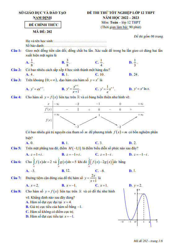 Đề thi thử tốt nghiệp THPT năm 2023 môn Toán sở GD&ĐT Nam Định
