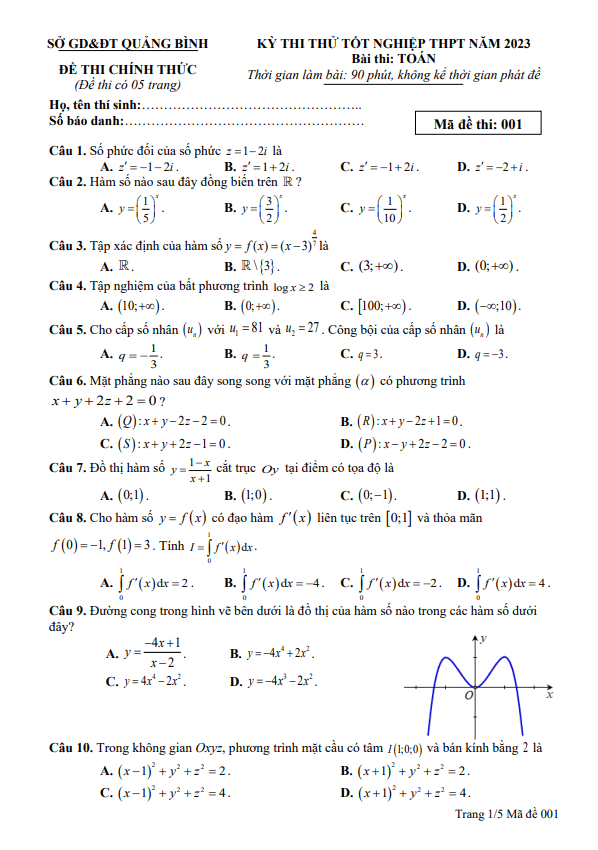 Đề thi thử tốt nghiệp THPT năm 2023 môn Toán sở GD&ĐT Quảng Bình