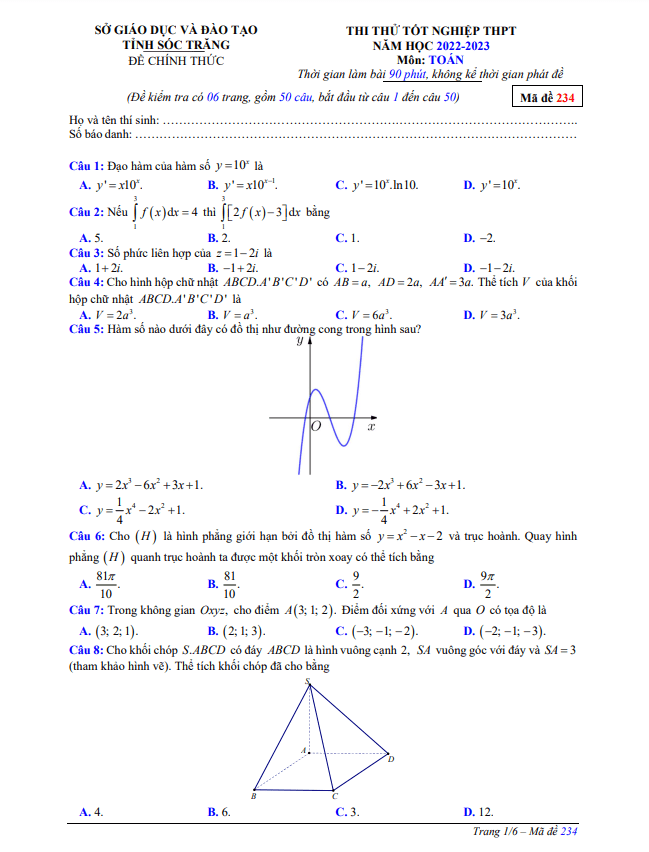 Đề thi thử tốt nghiệp THPT năm 2023 môn Toán sở GD&ĐT Sóc Trăng