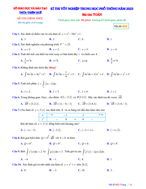 Đề thi thử tốt nghiệp THPT năm 2023 môn Toán sở GD&ĐT Thừa Thiên Huế