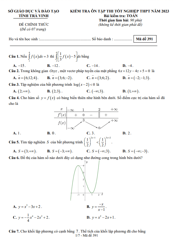 Đề thi thử tốt nghiệp THPT năm 2023 môn Toán sở GD&ĐT Trà Vinh
