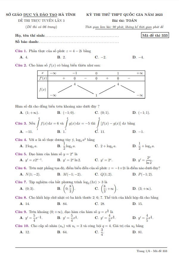 Đề thi thử trực tuyến THPT Quốc gia 2023 môn Toán lần 3 sở GD&ĐT Hà Tĩnh