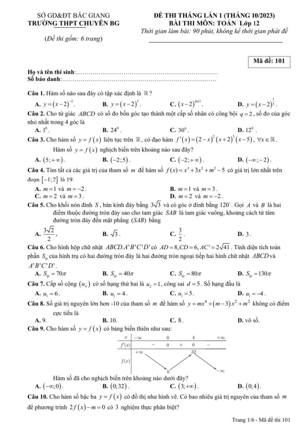 Đề thi Toán 12 lần 1 tháng 10 năm 2023 trường THPT chuyên Bắc Giang
