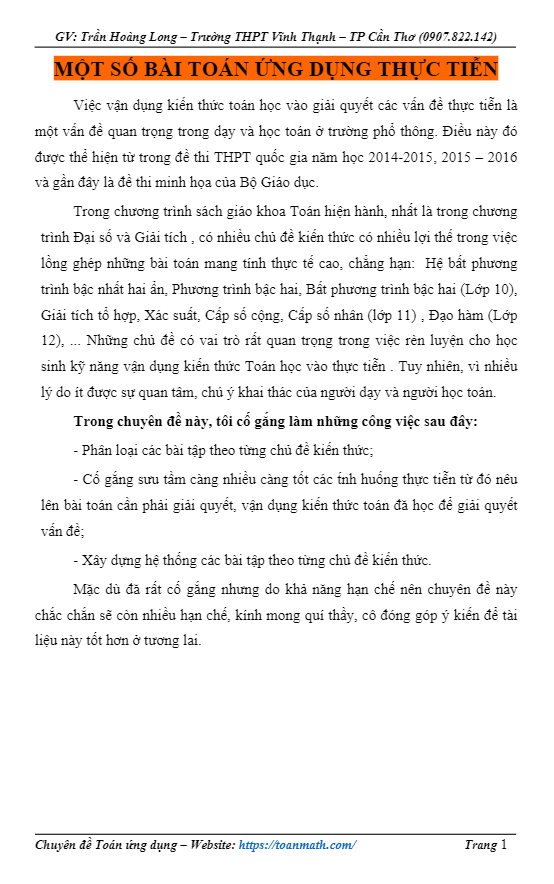 Hướng dẫn giải một số bài toán ứng dụng thực tiễn Trần Hoàng Long