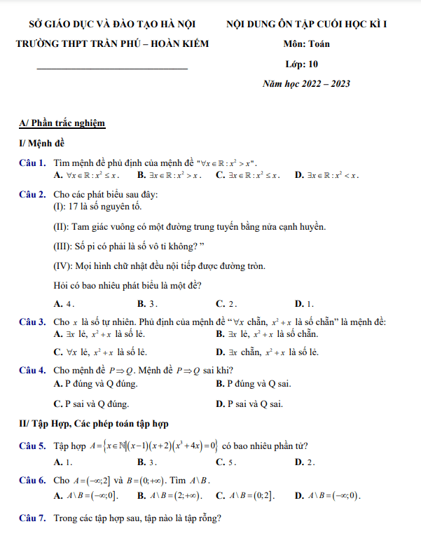 Nội dung ôn tập cuối kì 1 Toán 10 năm 2022 2023 trường THPT Trần Phú Hà Nội