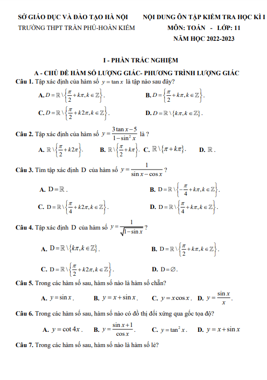Nội dung ôn tập cuối kì 1 Toán 11 năm 2022 2023 trường THPT Trần Phú Hà Nội