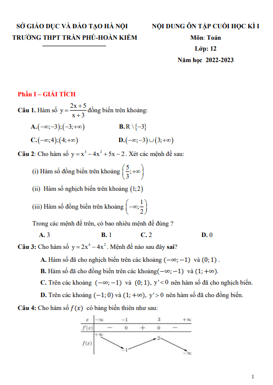 Nội dung ôn tập cuối kì 1 Toán 12 năm 2022 2023 trường THPT Trần Phú Hà Nội